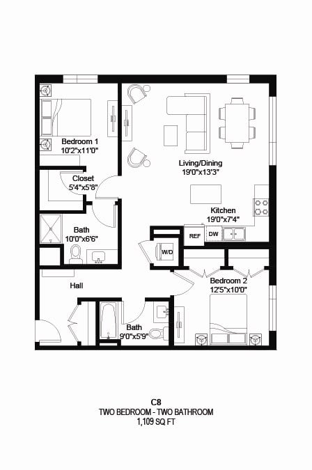 Floor plan for 2 beds, 2 baths, 1109 sqft